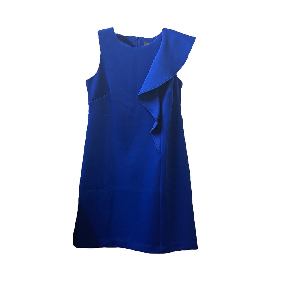 Vince Camuto Blue Sleeveless Ruffle Trim Scuba Sheath Dress - Picture 1 of 5